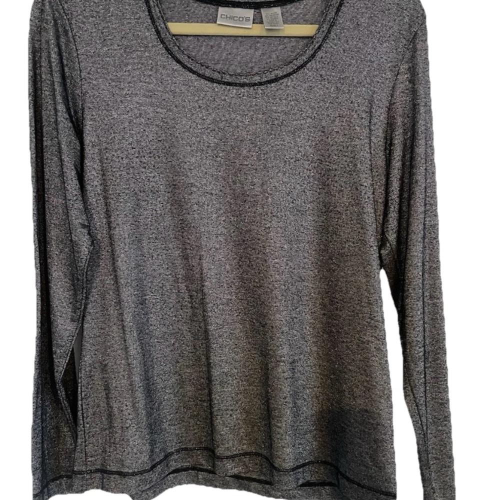 Chico's Gray Silver Metallic Long Sleeve Top Lightweight Holidays Neck Sz 1